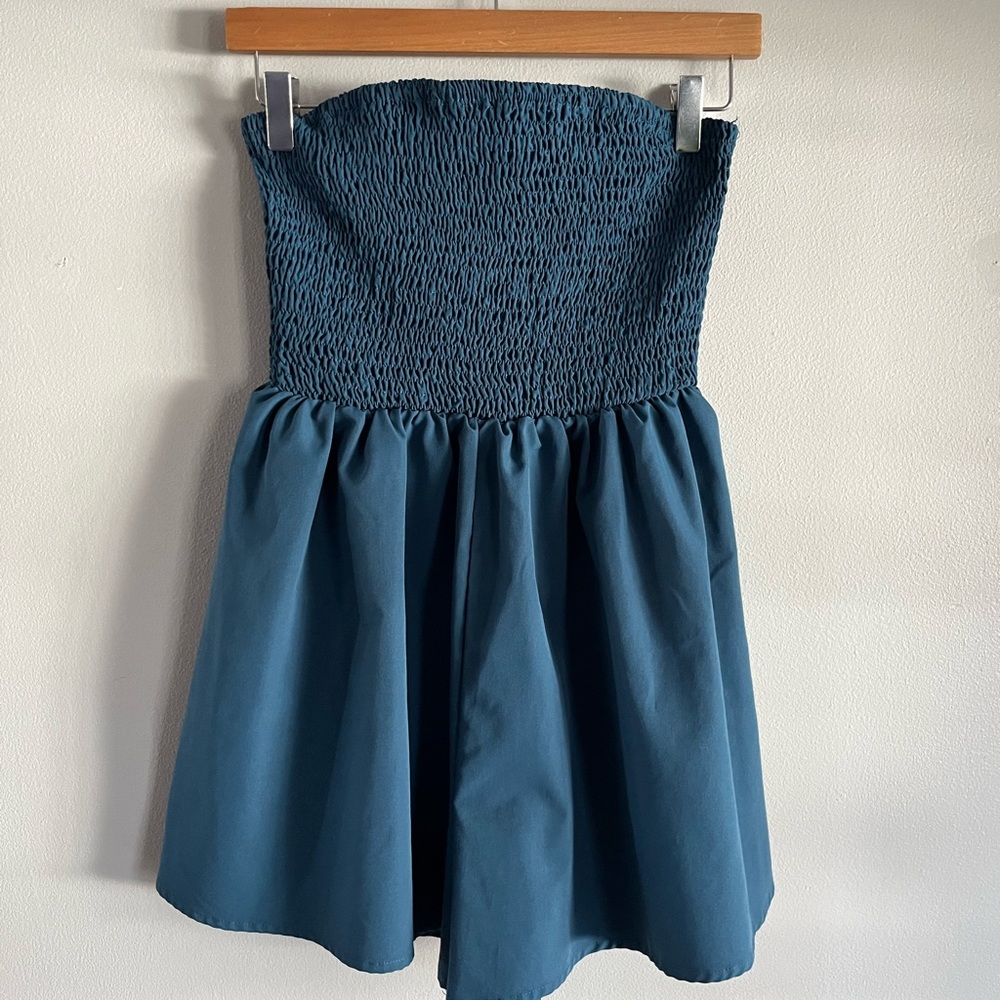 SHEIN Teal Blue Smocked Strapless Romper Dress Flowy Shorts Size M